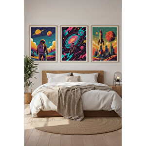 Astronot Ve Roket 3’lü Uzay Temalı Ahşap Çerçeveli Tablo Seti - Genç Odası Dekoru 21x30 cm