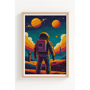Astronot Ve Roket 3’lü Uzay Temalı Ahşap Çerçeveli Tablo Seti - Genç Odası Dekoru 21x30 cm