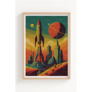 Astronot Ve Roket 3’lü Uzay Temalı Ahşap Çerçeveli Tablo Seti - Genç Odası Dekoru