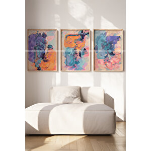 Renkli Soyut Desenli Ahşap Çerçeveli 3'lü Tablo Seti 21x30 cm