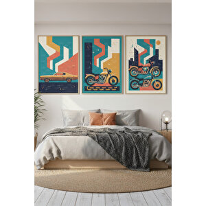 Retro Araba Ve Motosiklet 3’lü Ahşap Çerçeveli Tablo Seti - Geometrik Modern Duvar Dekoru 30x42 cm