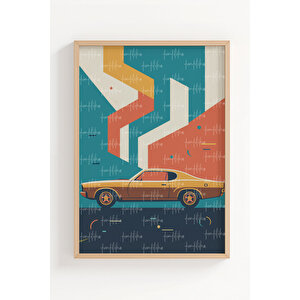 Retro Araba Ve Motosiklet 3’lü Ahşap Çerçeveli Tablo Seti - Geometrik Modern Duvar Dekoru 30x42 cm