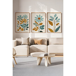 Renkli Çiçek Desenli 3 Parçalı Ahşap Çerçeveli Tablo Seti 30x42 cm