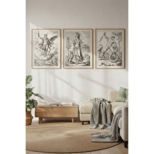 Antik Yunan Mitolojisi 3’lü Ahşap Çerçeveli Tablo Seti - Zeus, Athena Ve Herakles 50x70 cm