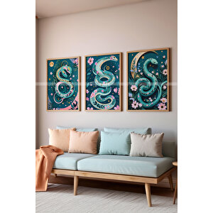Mitolojik Yılan Sanatı 3 Parçalı Ahşap Çerçeveli Tablo Seti-2 30x42 cm