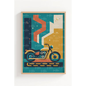 Retro Araba Ve Motosiklet 3’lü Ahşap Çerçeveli Tablo Seti - Geometrik Modern Duvar Dekoru 50x70 cm