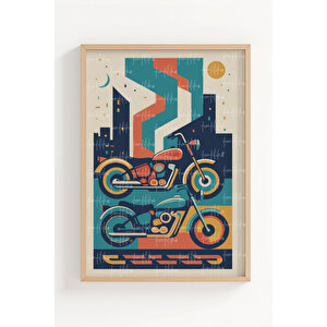 Retro Araba Ve Motosiklet 3’lü Ahşap Çerçeveli Tablo Seti - Geometrik Modern Duvar Dekoru