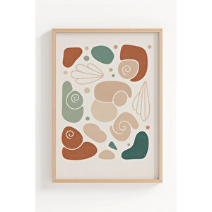 Soyut Bitki Ve Deniz Kabukları 3’lü Modern Ahşap Çerçeveli Tablo Seti - Mutfak Dekoru