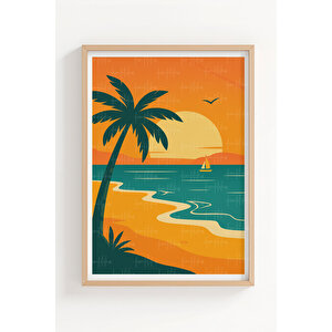 Tropikal Sahil 3’lü Ahşap Çerçeveli Tablo Seti - Salon Dekoru 30x42 cm