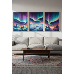 Kuzey Işıkları 3’lü Ahşap Çerçeveli Tablo Seti - Doğa Temalı Salon Dekoru 21x30 cm