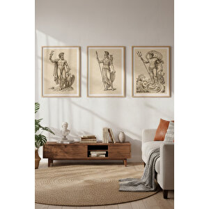 Antik Yunan Mitolojisi 3’lü Ahşap Çerçeveli Tablo Seti - Klasik Çizim Stilinde 30x42 cm
