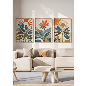 Retro Çiçek Desenli 3 Parçalı Ahşap Çerçeveli Tablo Seti 21x30 cm
