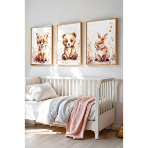 Bebek Ve Çocuk Odası Sevimli Hayvanlar Ahşap Çerçeveli 3'lü Tablo Seti 50x70 cm