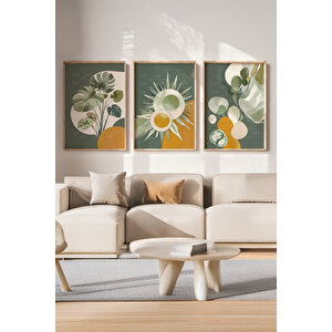 Soyut Tropikal Yapraklar Ve Güneş Motifli 3 Parçalı Ahşap Çerçeveli Tablo Seti 21x30 cm