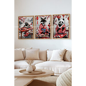 Japon Kültürü Temalı Hayvan Figürlü 3'lü Ahşap Çerçeveli Tablo Seti 21x30 21x30 cm