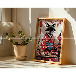 Japon Kültürü Temalı Hayvan Figürlü 3'lü Ahşap Çerçeveli Tablo Seti 21x30 21x30 cm