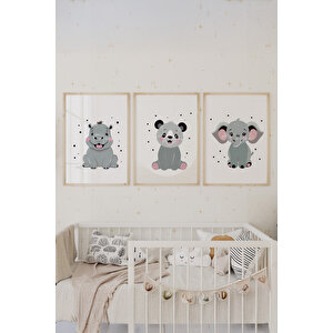 Bebek Ve Çocuk Odası Sevimli Hayvanlar Tema Ahşap Çerçeveli 3'lü Tablo Seti 30x42 cm