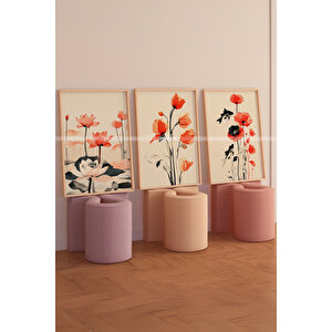 Lotus Ve Gelincik 3 Parçalı Ahşap Çerçeveli Tablo Seti-2 21x30 cm