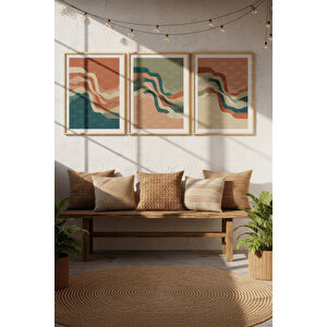 Soyut Dalga Desenli 3’lü Modern Ahşap Çerçeveli Tablo Seti - Salon Dekoru 50x70 cm
