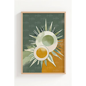 Soyut Tropikal Yapraklar Ve Güneş Motifli 3 Parçalı Ahşap Çerçeveli Tablo Seti 50x70 cm