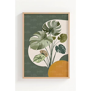 Soyut Tropikal Yapraklar Ve Güneş Motifli 3 Parçalı Ahşap Çerçeveli Tablo Seti