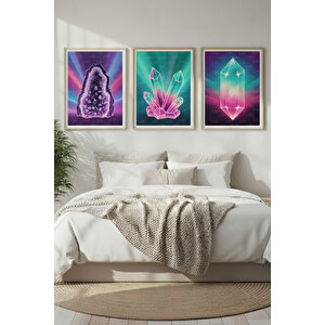 Kristal Taşlar 3’lü Soyut Ahşap Çerçeveli Tablo Seti 30x42 cm