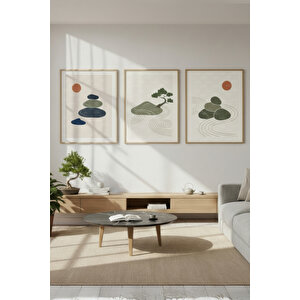 Zen Taşları Ve Bonsai 3’lü İskandinav Ahşap Çerçeveli Tablo Seti 50x70 cm