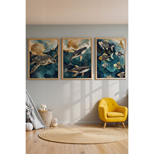 Okyanus Canlıları 3 Parçalı Ahşap Çerçeveli Tablo Seti 50x70 cm