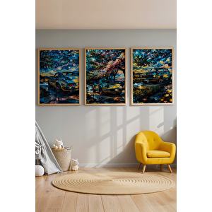 Gece Manzarasında Klasik Arabalar 3 Parçalı Ahşap Çerçeveli Tablo Seti 21x30 cm