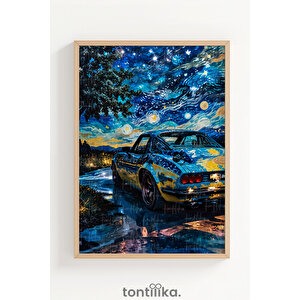 Gece Manzarasında Klasik Arabalar 3 Parçalı Ahşap Çerçeveli Tablo Seti 21x30 cm