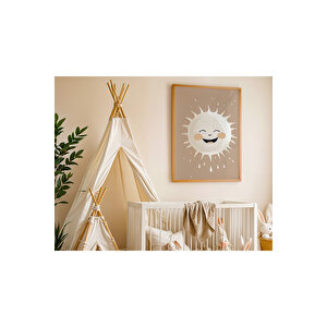 Bebek Ve Çocuk Odası Güneş, Ay Ve Bulut Tema Ahşap Çerçeveli 3'lü Tablo Seti 21x30 cm