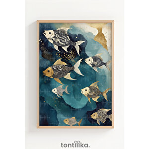 Okyanus Canlıları 3 Parçalı Ahşap Çerçeveli Tablo Seti