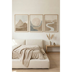 Minimal Soyut Manzara 3’lü Ahşap Çerçeveli Tablo Seti - Yatak Odası Duvar Dekoru 50x70 cm