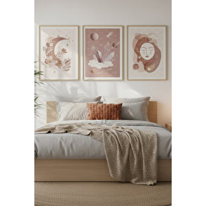 Ay, Kristaller Ve Kozmik Portre Temalı 3’lü Ahşap Çerçeveli Tablo Seti - Yatak Odası Dekoru 30x42 cm