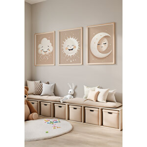 Bebek Ve Çocuk Odası Güneş, Ay Ve Bulut Tema Ahşap Çerçeveli 3'lü Tablo Seti 30x42 cm