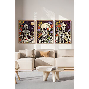 Çiçeklerle Süslenmiş İskeletler 3 Parçalı Ahşap Çerçeveli Tablo Seti 30x42 cm