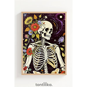 Çiçeklerle Süslenmiş İskeletler 3 Parçalı Ahşap Çerçeveli Tablo Seti 30x42 cm