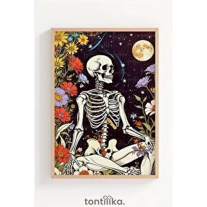 Çiçeklerle Süslenmiş İskeletler 3 Parçalı Ahşap Çerçeveli Tablo Seti 50x70 cm