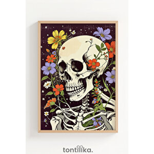 Çiçeklerle Süslenmiş İskeletler 3 Parçalı Ahşap Çerçeveli Tablo Seti