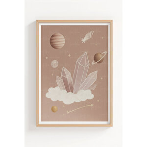 Ay, Kristaller Ve Kozmik Portre Temalı 3’lü Ahşap Çerçeveli Tablo Seti - Yatak Odası Dekoru 50x70 cm