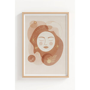 Ay, Kristaller Ve Kozmik Portre Temalı 3’lü Ahşap Çerçeveli Tablo Seti - Yatak Odası Dekoru