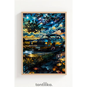 Gece Manzarasında Klasik Arabalar 3 Parçalı Ahşap Çerçeveli Tablo Seti 30x42 cm