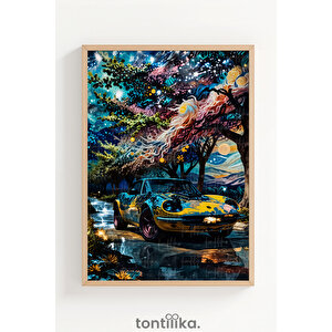 Gece Manzarasında Klasik Arabalar 3 Parçalı Ahşap Çerçeveli Tablo Seti