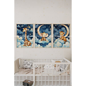 Zürafa, Fil Ve Aslan 3’lü 1. Kalite Ahşap Çerçeveli Tablo Seti – Bebek Odası Dekoru 21x30 cm