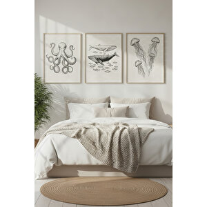 Deniz Canlıları 3’lü Ahşap Çerçeveli Tablo Seti 50x70 cm