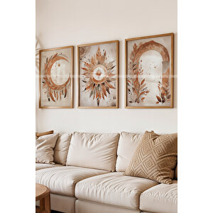 Bohem Ay Ve Güneş Temalı 3'lü Ahşap Çerçeveli Tablo Seti 30x42 30x42 cm