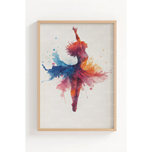 Renkli Balerin Çizim Temalı 3’lü Ahşap Çerçeveli Tablo Seti - Salon Dekoru