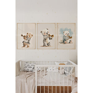 Melodi Ayıcıklar 3’lü Ahşap Çerçeveli Dekoratif Tablo Seti 50x70 cm