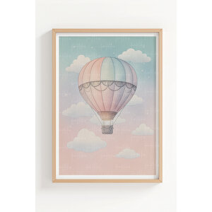 Uçan Balon Ve Ay Desenli 3’lü Modern Ahşap Çerçeveli Tablo Seti - Çocuk Odası Dekoru 50x70 cm