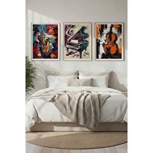 Saksafon Piyano Çello 3’lü Müzik Temalı Ahşap Çerçeveli Tablo Seti 50x70 cm